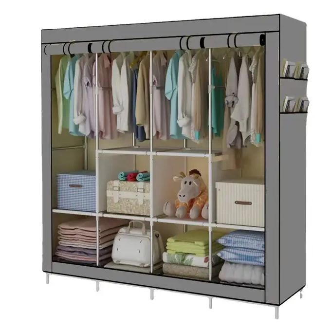 Foldable 4 Columns Clothes Bags Fabric Steel Frame Wadrobe Storage Organizer Closet-Multicolor thumbnail 2