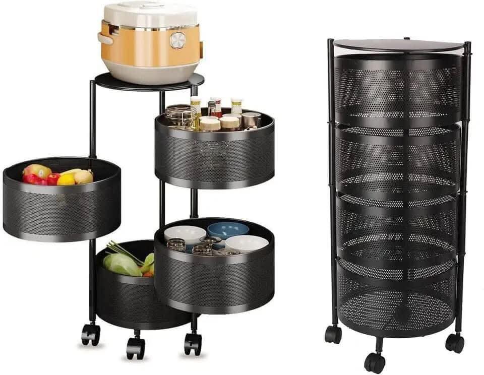 VIERA 5-Tier Rotating Storage Rack with Wheels – Black Metal Organizer 
