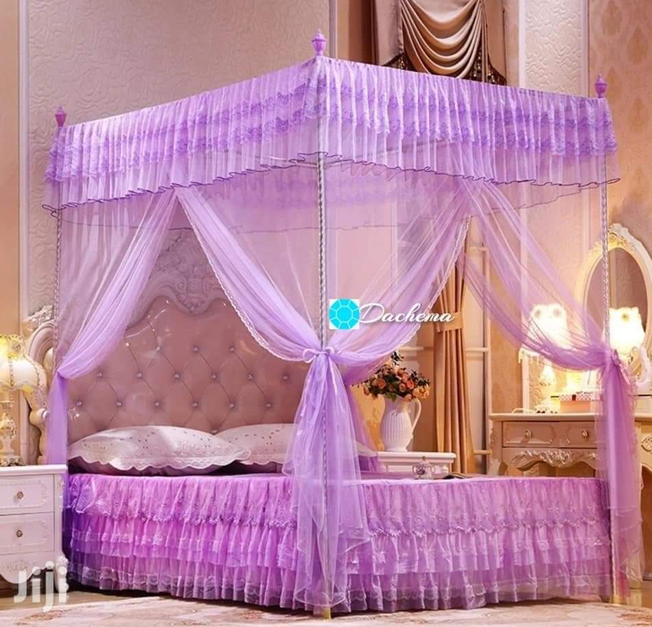  Deluxe Purple Princess Style 4-Post Bed Canopy with Ruffled Net and Bed Skirt Set thumbnail 2