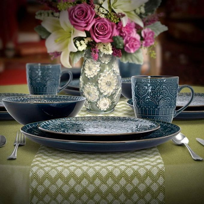 24 Pieces Ceramic Dinnerware Set Of 6 Bowls 6 Dinner plates 6 Side Plates And 6 Cups-Blue  thumbnail 2