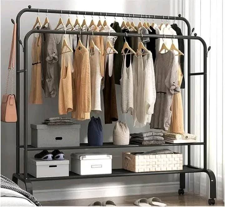 Premium Black Double-Rail Metal Garment Rack with Storage Shelves