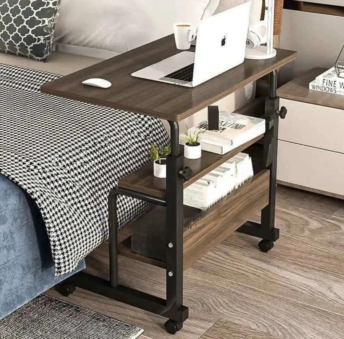 Adjustable Over-Bed Rolling Laptop Table with Storage Shelves