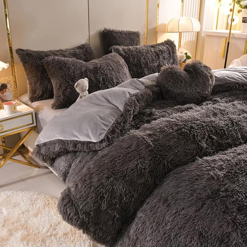  6-Piece Ultra Plush Faux Fur Duvet Bedding Set – Charcoal Grey
