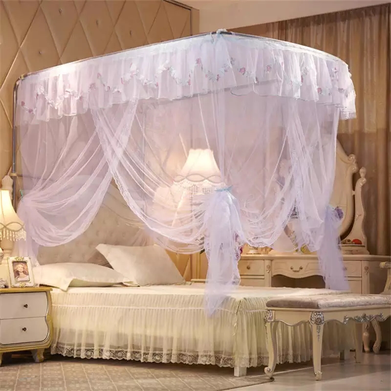 Premium Lace-Trimmed Rectangular Bed Canopy – Luxury Mosquito Net with Draped Curtains thumbnail 2