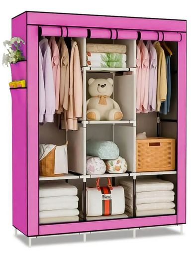 8-Shelf Portable Fabric Wardrobe with Dual Hanging Rods & Side Organizer – Rose Pink