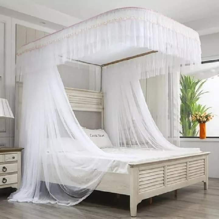  White Rectangular Hanging Mosquito Net Canopy – Elegant Bed Net with Crown Frame Design