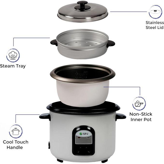 SPJ 1.8 Liter Electric Rice Cooker With Steamer, Stainless Steel Lid, Non-Stick Aluminium Inner Pot, Automatic Keep Warm Function- White  thumbnail 3