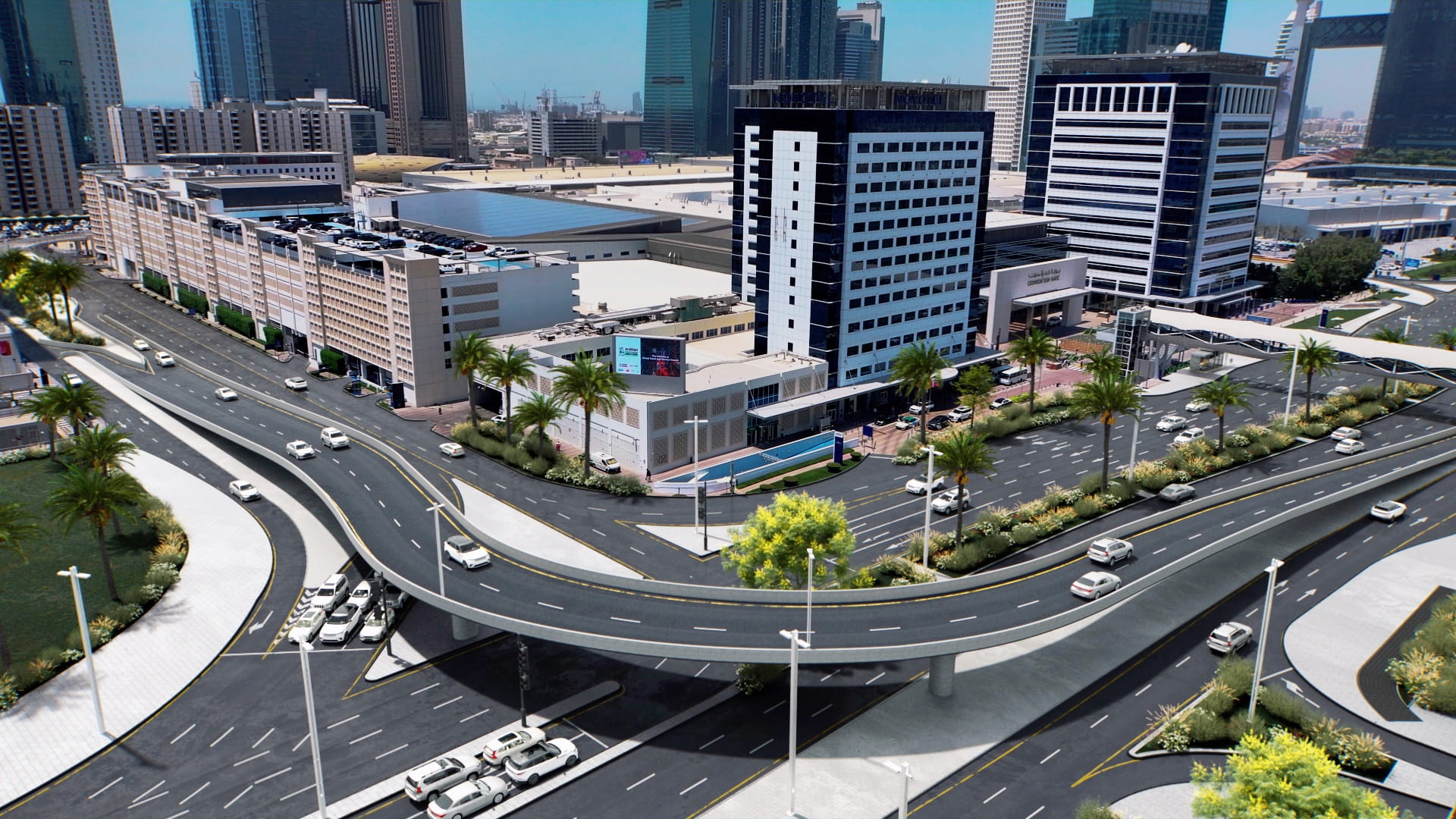 Official high-angle view of the new 500-metre RTA bridge serving traffic from Dubai World Trade Centre onto Al Mustaqbal Street