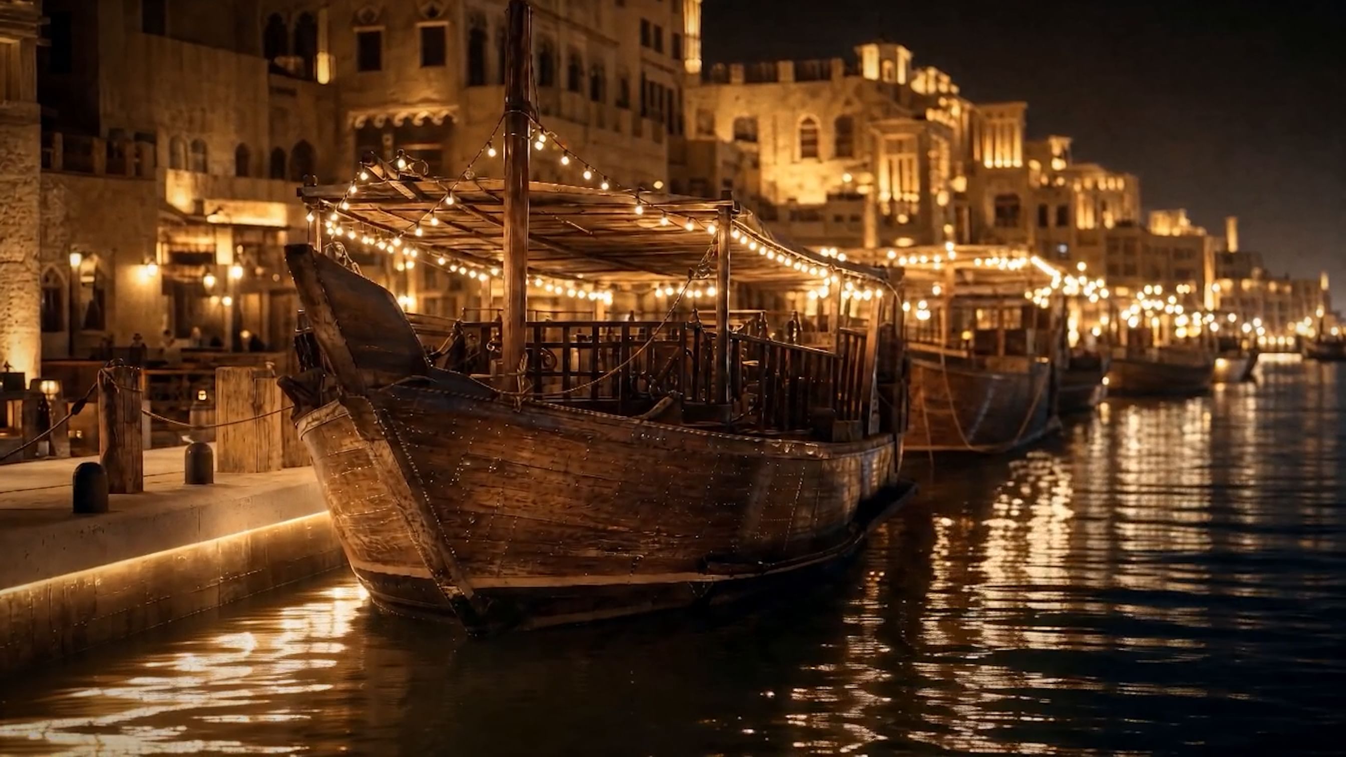 Official Dubai Municipality photo of traditional dhows moored on Dubai Creek at night, with heritage waterfront buildings and warm lighting — Protocol Department of Dubai, 5 August 2026