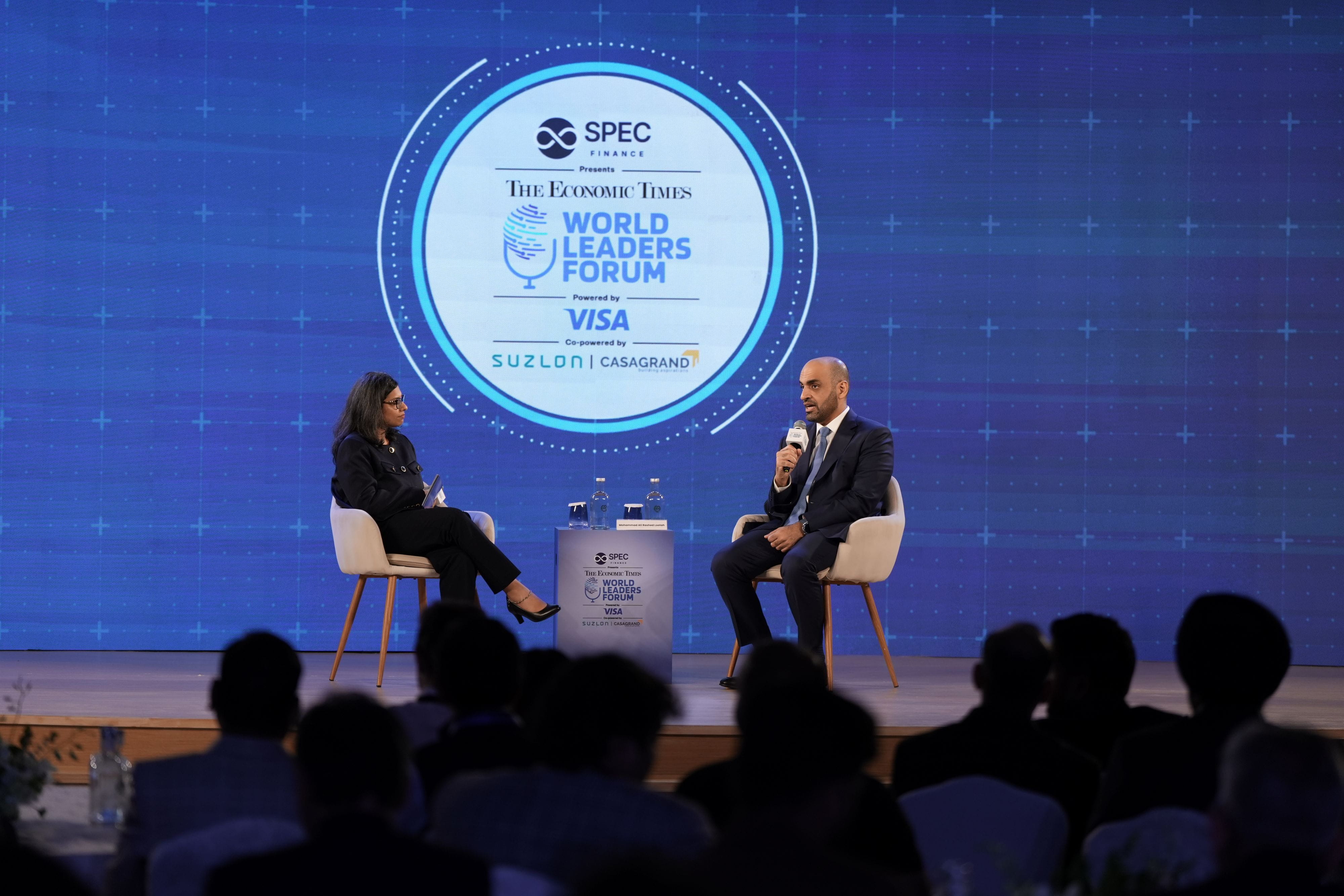 Official Government of Dubai Media Office photograph of H.E. Mohammad Ali Rashed Lootah, President and CEO of Dubai Chambers, during a fireside conversation at the World Leaders Forum in New Delhi, issued with the 24 August 2026 release