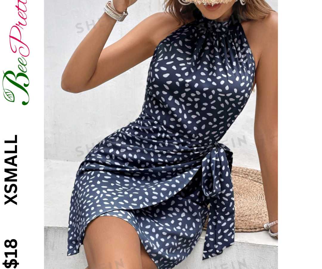 Frenchy Allover Print Knot Side Wrap Hem Halter Dress