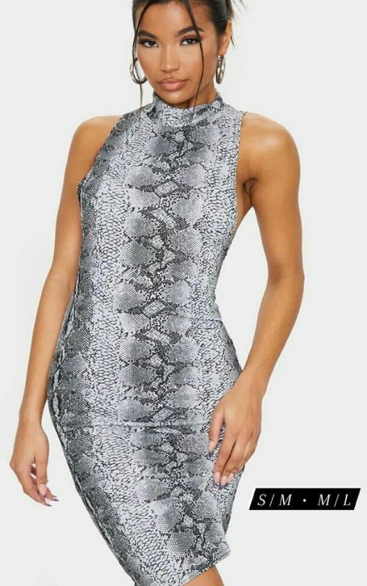 Grey Snake Print High Neck Midi Dress - US 10 (Large/Xlarge)