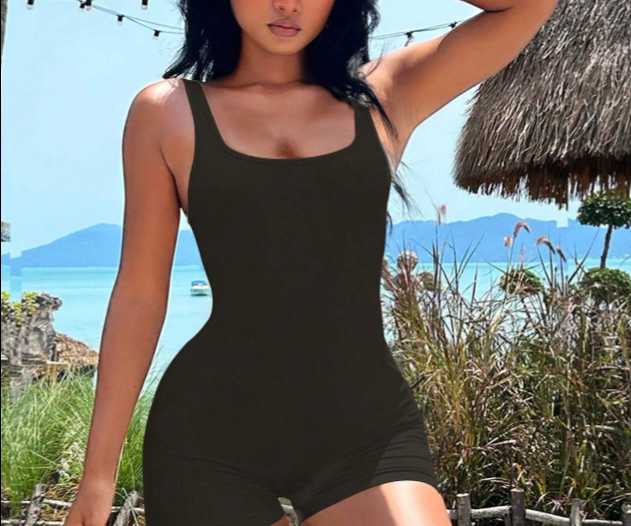 Basic Solid Ribbed Knit Sports Romper