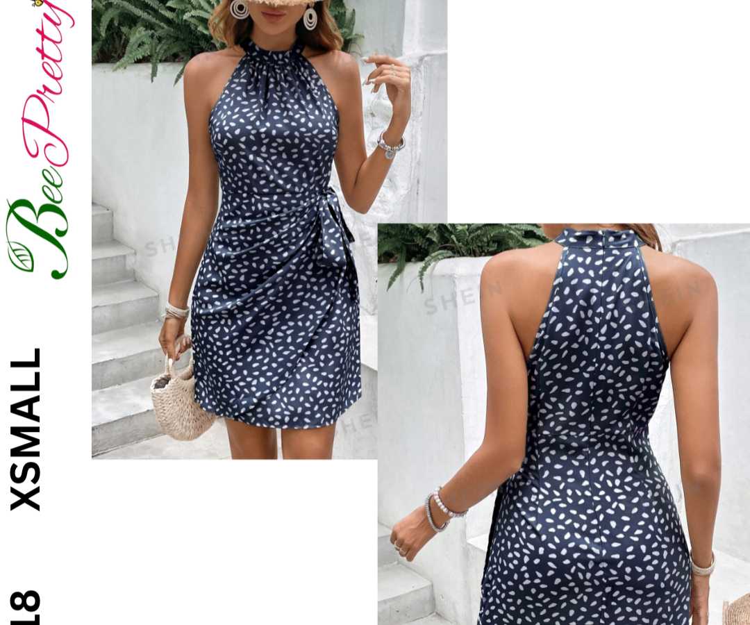 Frenchy Allover Print Knot Side Wrap Hem Halter Dress