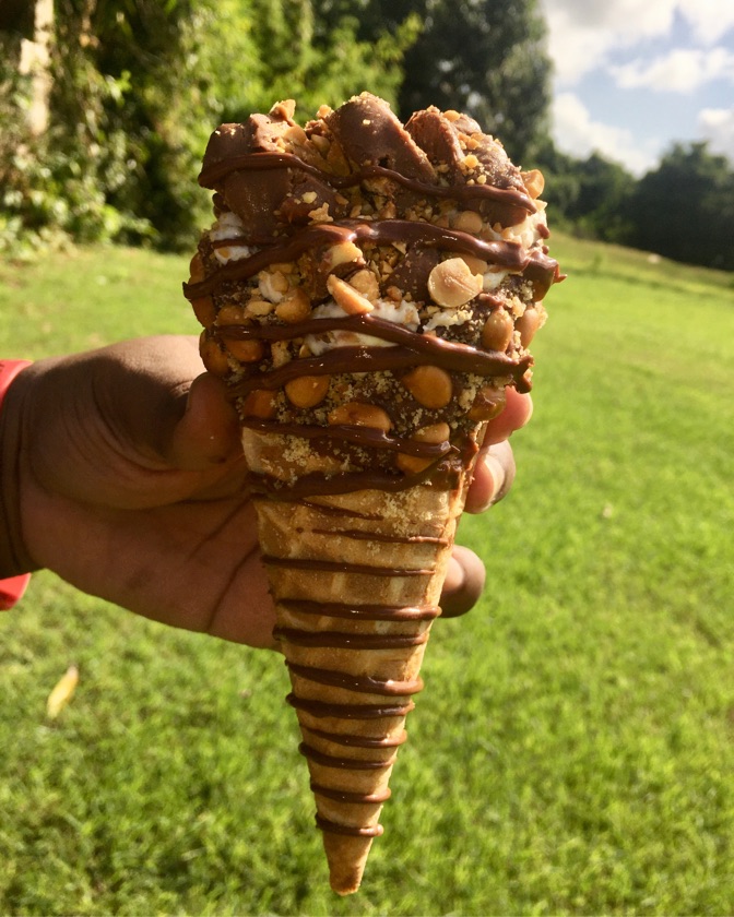 Peanut Buttercup Stuffed Cheesecake Waffle Cone