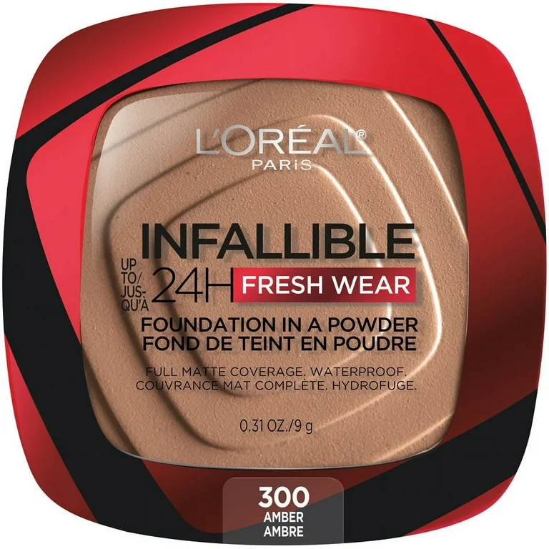 L'Oreal Paris Infallible Fresh Wear 24 Hr Powder Foundation Makeup, 300 Amber