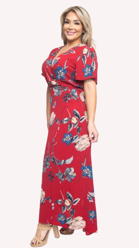 Mid-Size (XL) Burgundy Floral Maxi Wrap Dress - ZB9061F4 