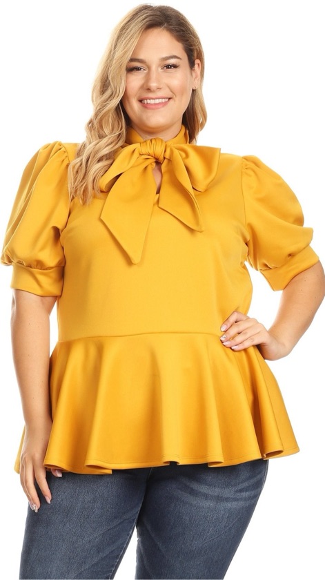 Extra Plus (5XL) Mustard Tie Neck Top - 2430