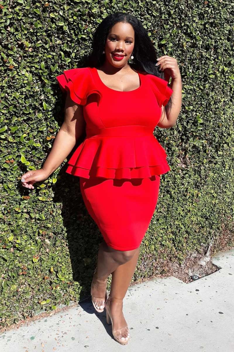 Plus size (1X) Red Peplum Midi Dress - 2493