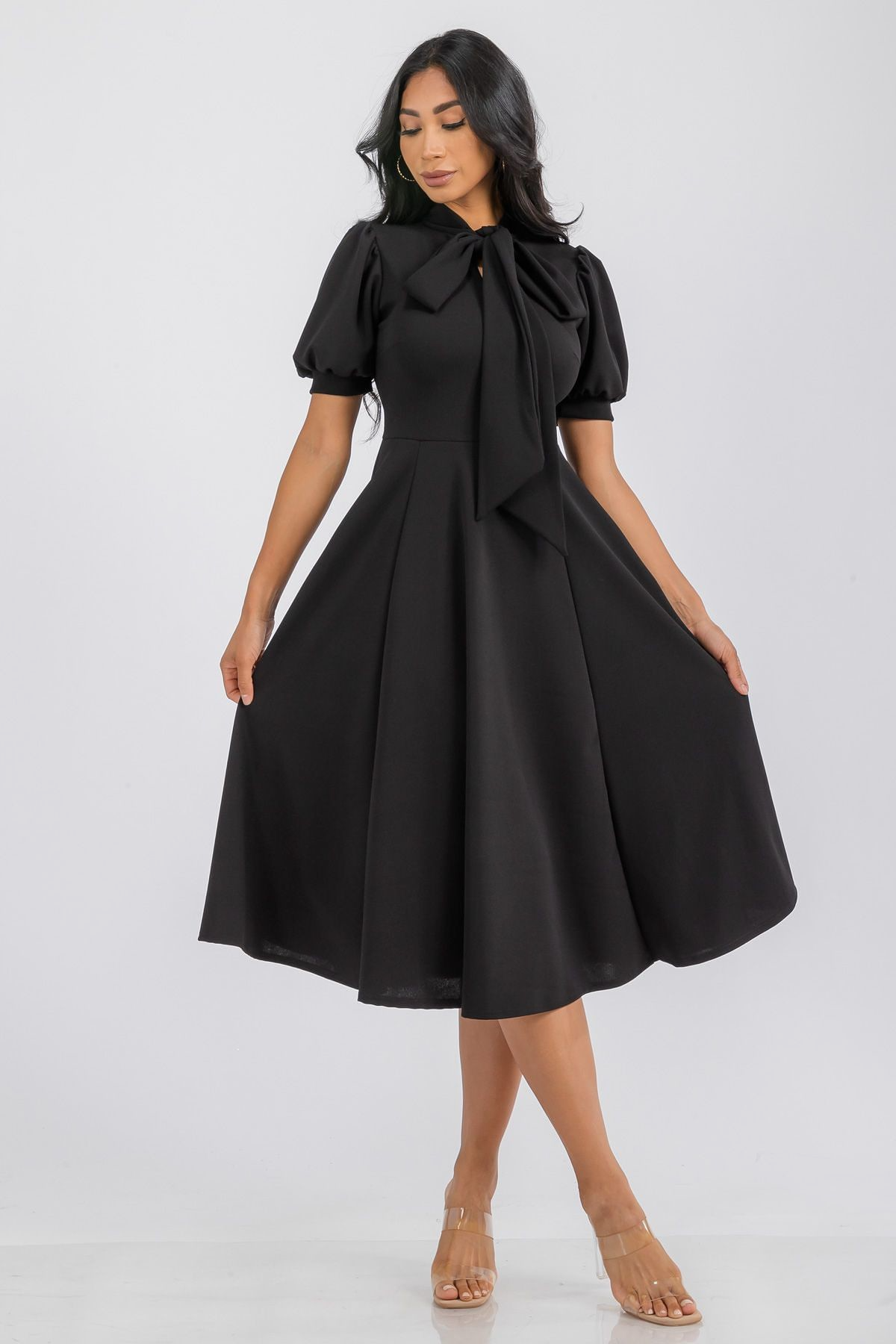 Regular (MEDIUM) Black Self Tie Midi Flare Dress - 2852