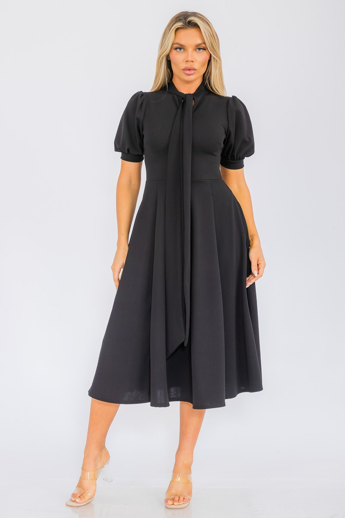 Regular (MEDIUM) Black Self Tie Midi Flare Dress - 2852