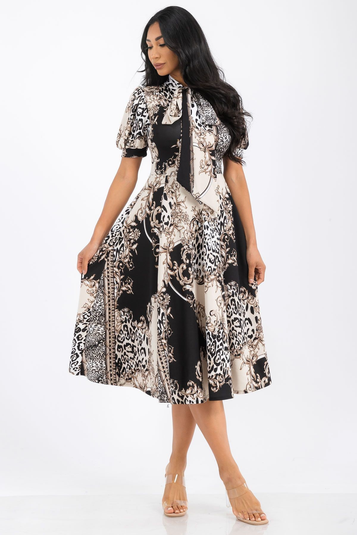 Regular (MEDIUM) Multi Print Self Tie Bow Midi Dress - 2852