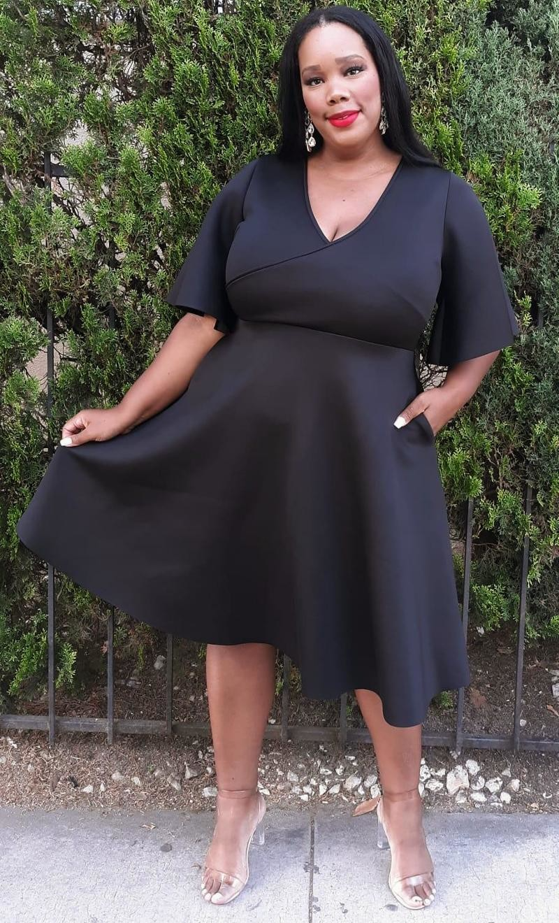 Plus Size (2X) Black Fit And Flare Midi Dress - 2838