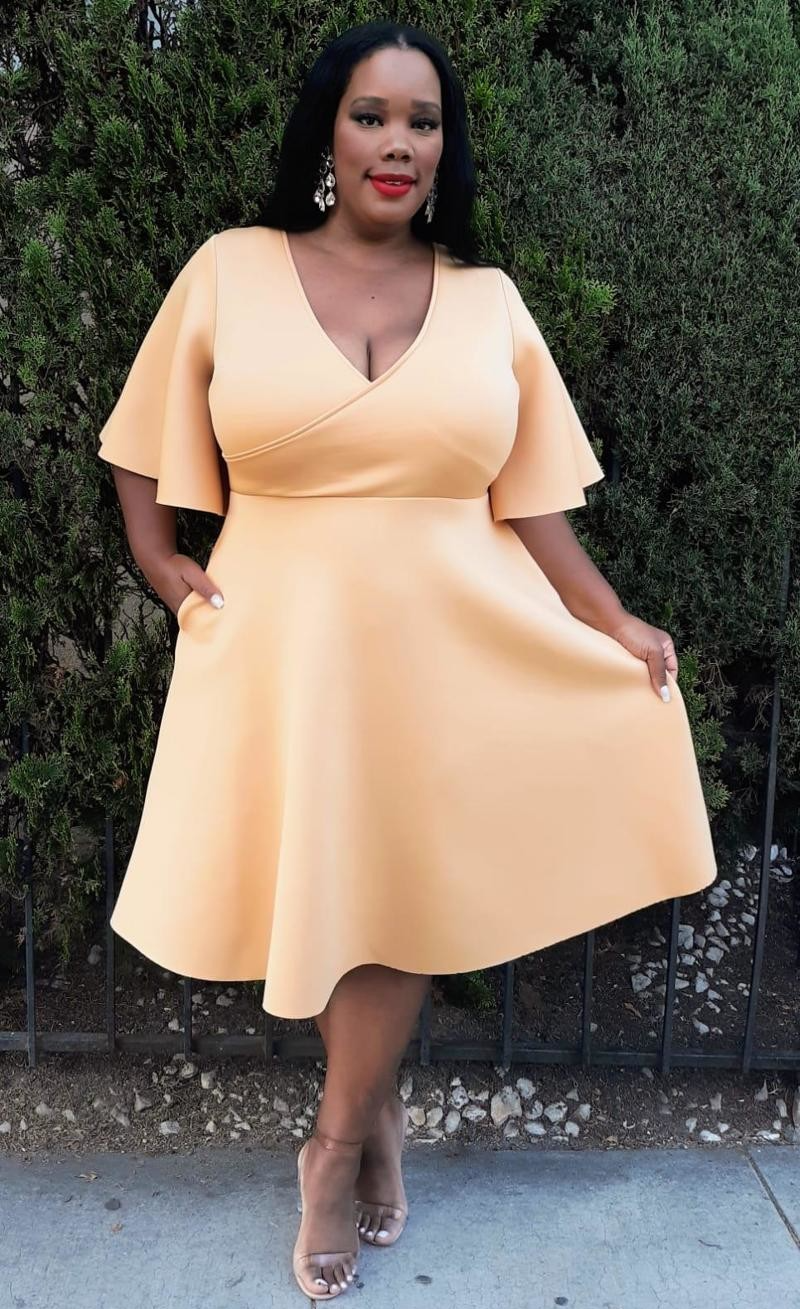 Plus Size (1XL) Gold Fit And Flare Midi Dress - 2838