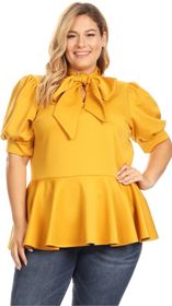 Extra Plus (5XL) Mustard Tie Neck Top - 2430