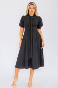 Regular (LARGE) Black Self Tie Midi Flare Dress - 2852