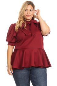 Extra Plus (4XL) Burgundy Tie Neck Peplum Top - 2430