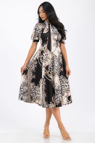 Regular (LARGE) Multi Print Self Tie Bow Midi Dress - 2852 