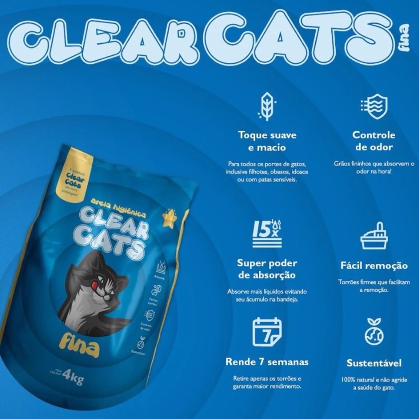 Areia Higiênica Sanitária Fina para Gatos Clear Cats - 4kg  