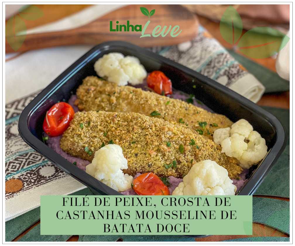 Filé de peixe, crosta de castanhas, mousseline de batata doce e couve flor