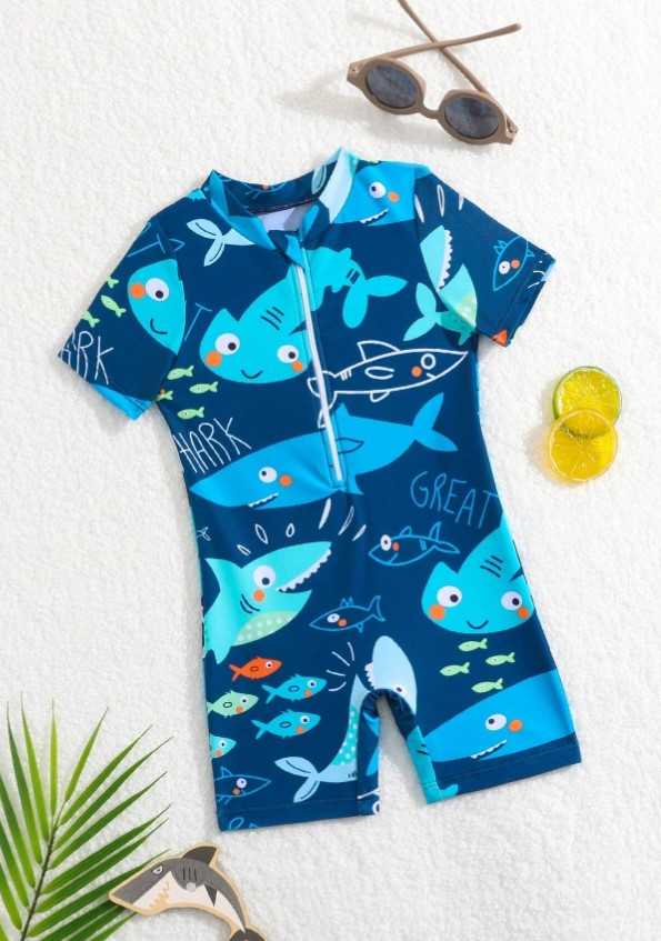 Baby Boy Cartoon Shark Printed Summer Half Zip One-Piece Swimsuit