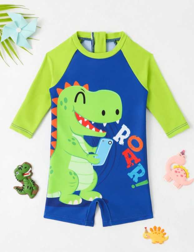 Baby Boy's One-Piece Long Sleeve Dinosaur Printed Swimsuit