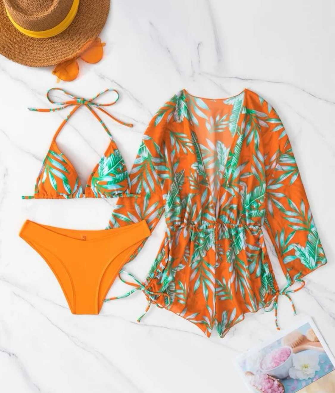 3pack Random Tropical Print Halter Drawstring Side Bikini Swimsuit