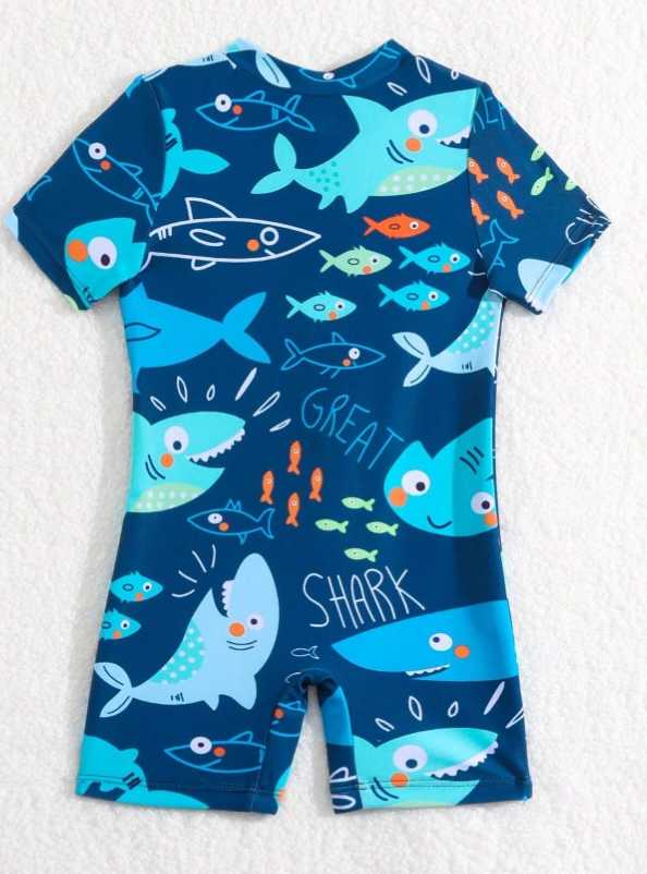 Baby Boy Cartoon Shark Printed Summer Half Zip One-Piece Swimsuit