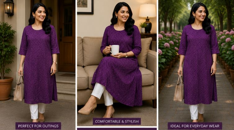 Elegant Purple Self-Embroidered Single PC Kurti