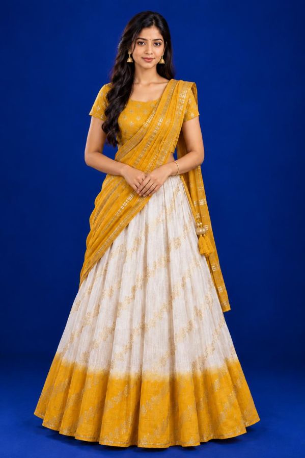 Girls Soft Silk Lacha with Unstitched Blouse & Dhavani