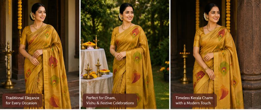 Golden Peacock Elegance Saree with Attached Blouse