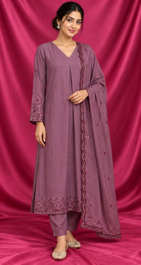 Dusty Rose Mulchanderi 3-Piece Churidar Set
