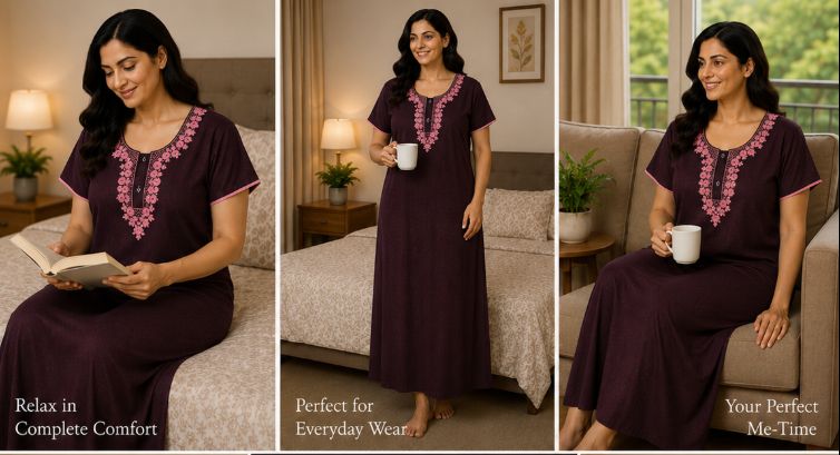 Alpine Rose Comfort Pocket Slim Cut Nighty - Burgundy / Deep Wine with Pink Floral Embroidery