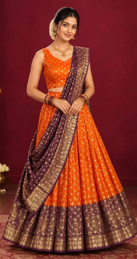 LADIES DHAVANI - ORANGE WITH PURPLE