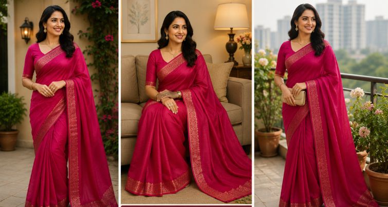 Royal Rani Pink Woven Border Saree with Blouse