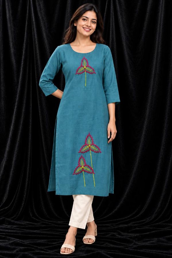 Deep Turquoise Floral Motif Embroidered Single PC Kurti – PD-0061-1