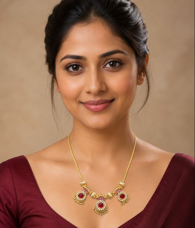 Gold-Tone Ruby Three-Pendant Necklace