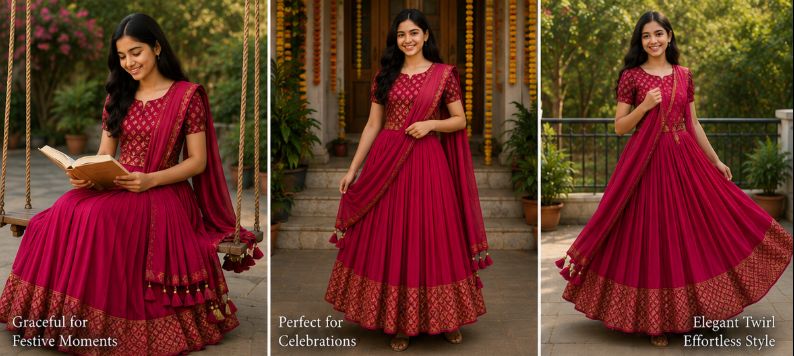 Girls Soft Silk Lacha with Unstitched Blouse & Dhavani