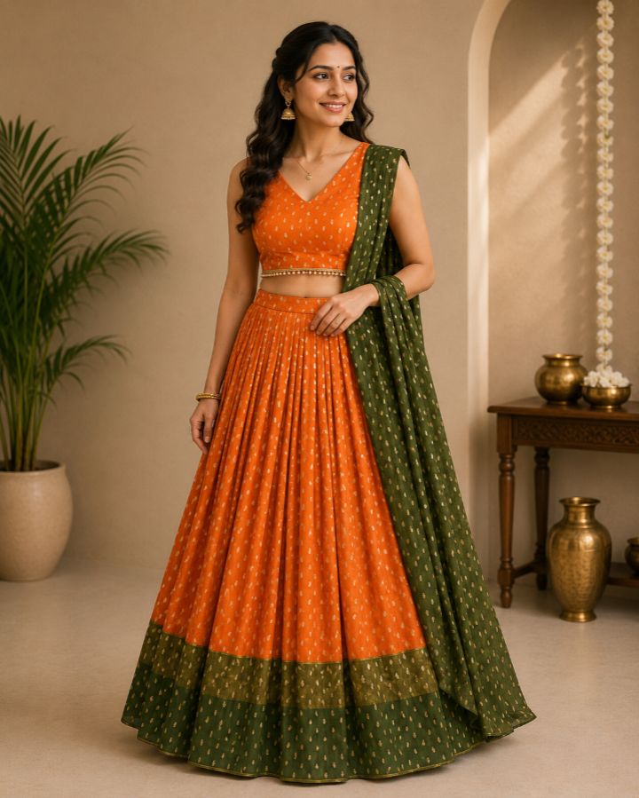 LADIES DHAVANI - ORANGE WITH GREEN