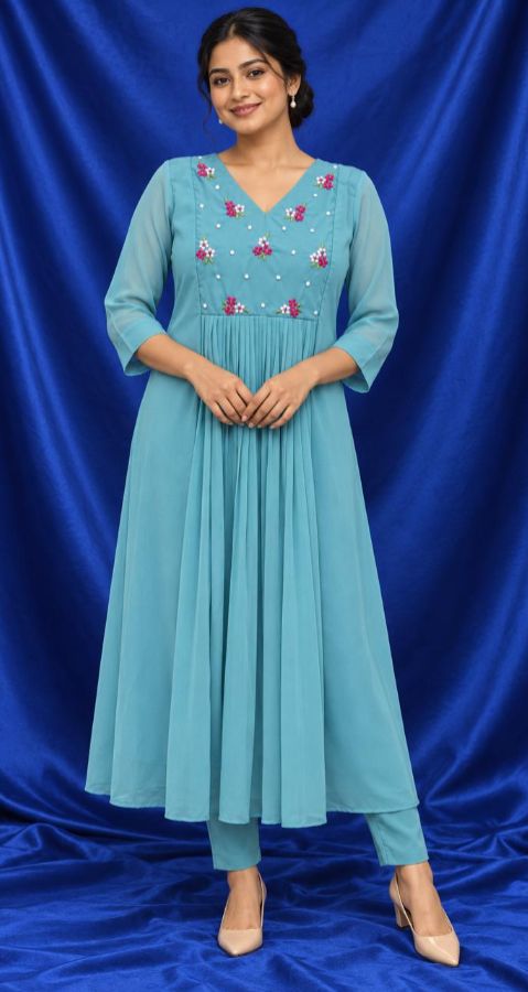 Aqua Bloom Embroidered Flared Kurti